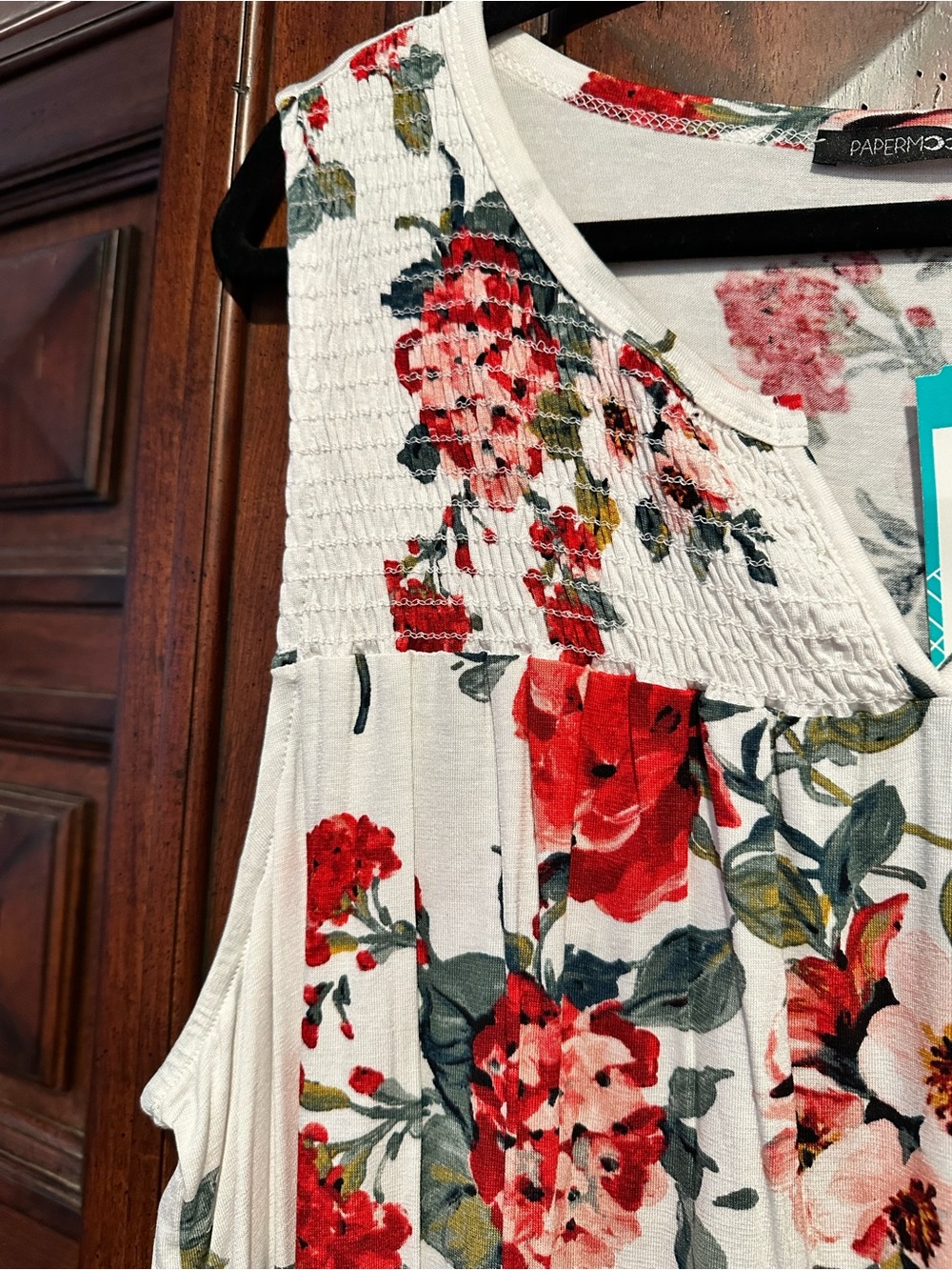 3X 22/24 Papermoon SMOCKED White Tank Top with Red and Pink Floral Print